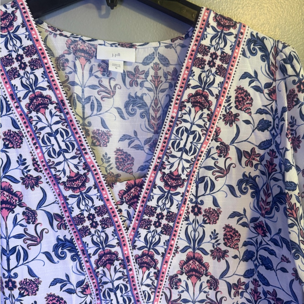 J. Jill White Midi Boho Peasant Dress with Blue & Mauve Floral Print size medium - Picture 4 of 12